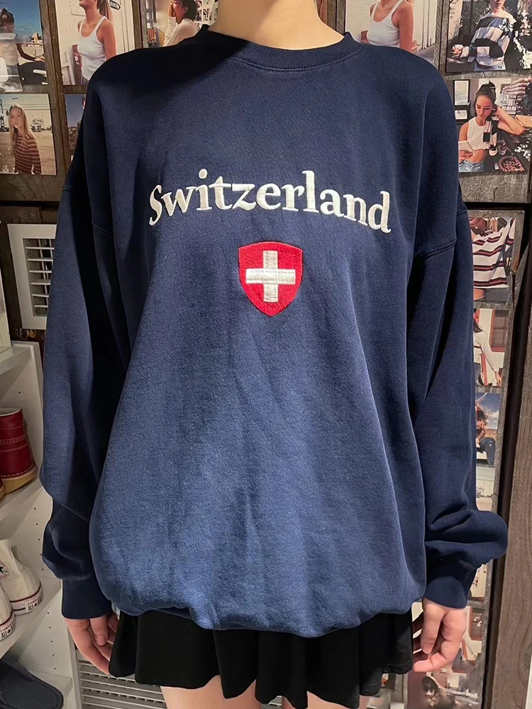 

Switzerland Embroidery Sweatshirts Women Streetwear Cotton Autumn Winter Pullovers Top Chic Preppy Y2K Loose Hoodies Female 2023