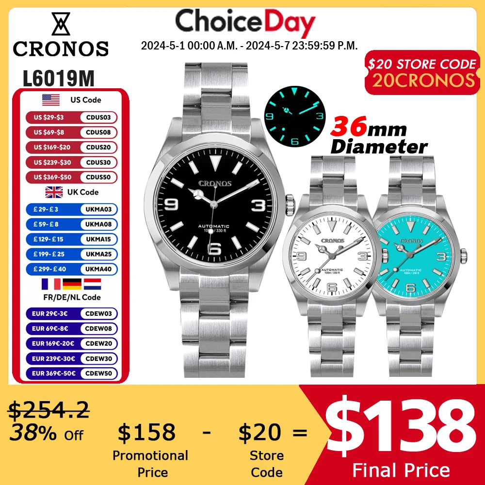 Cronos EX Mechanical Men Watch 36mm NH35 AutomaticSapphire Glass Bushed Bracelet 10ATM  L6019