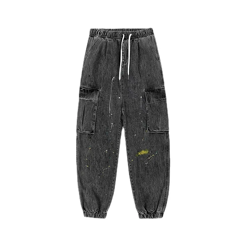 Denim Cargo Pants Men\'s Loose Paint Dot Jeans with Pockets Stretch Waist Denim Jeans for Men Baggy Jeans Goth Clothes Streetwear