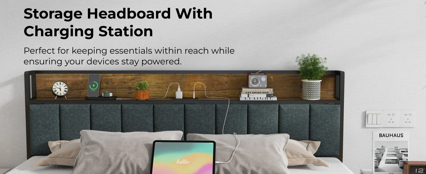 storage headboard with charging station