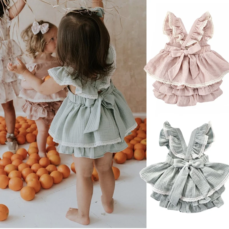 Vintage Baby Girl Dress Set 4T Sleeveless Criss-Cross Dress + Lace Shorts