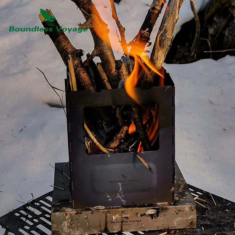 Boundless Voyage Camping Wood Stove Outdoor Folding Titanium Burner with  Pot Rack Lightweight Charcoal Burner Portable Furnace