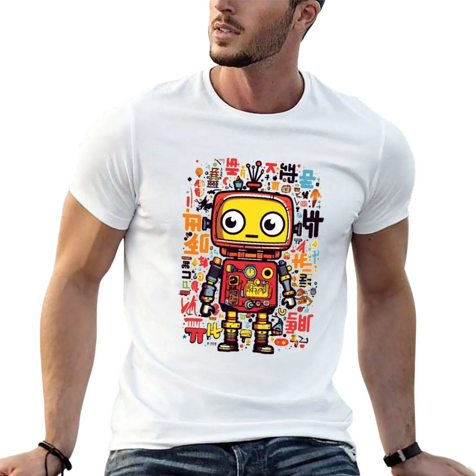 

New Robot Series Graphic Illustration T-Shirt cute tops sports fan t-shirts Short sleeve tee heavyweight t shirts for men