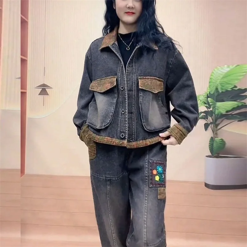 Retro Women Jeans Suits 2025 New Autumn Women's Hooded Stitching Denim Jacket Fashion Suit Female Two-Piece Sets Cotton Vintage