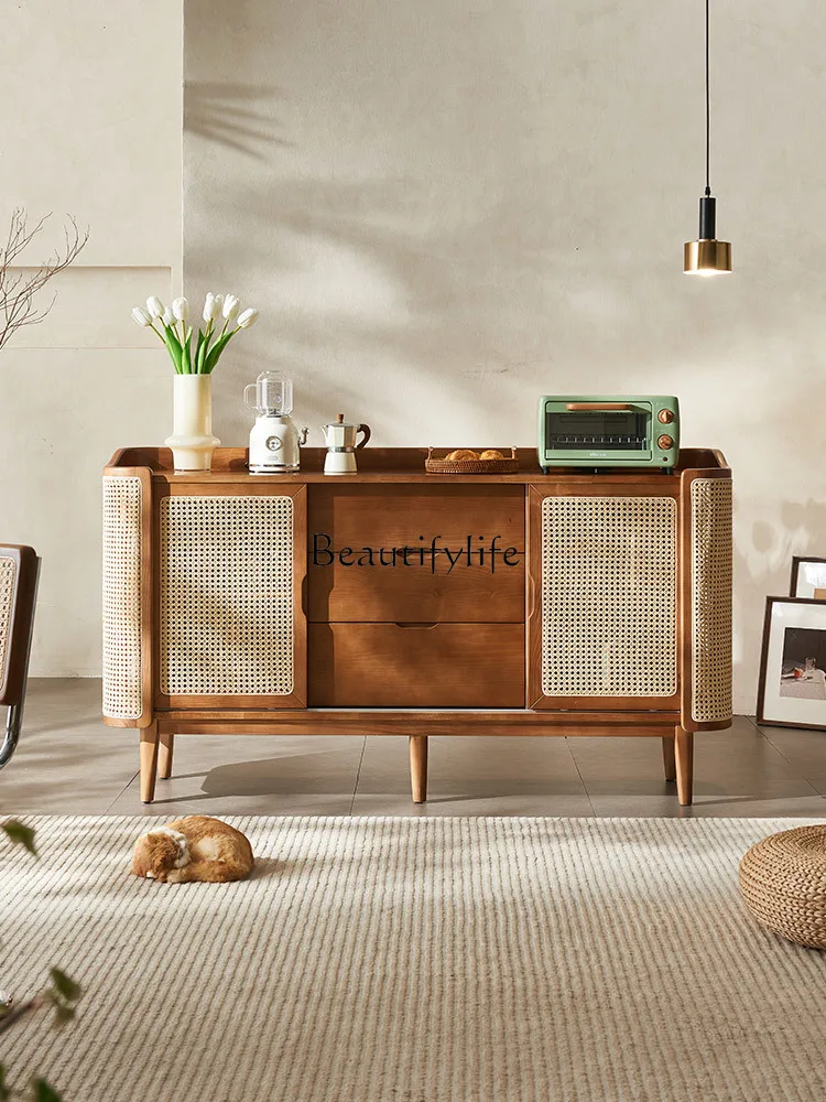 

Retro Solid Wood Sideboard Quiet Style Living Room Tea Storage Japanese Rattan Mid-Ancient Storage Cabinet