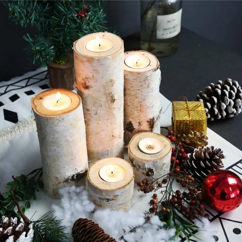 RusticWhiteBirchWoodenCandlestickTeaLightCandleHolderTable