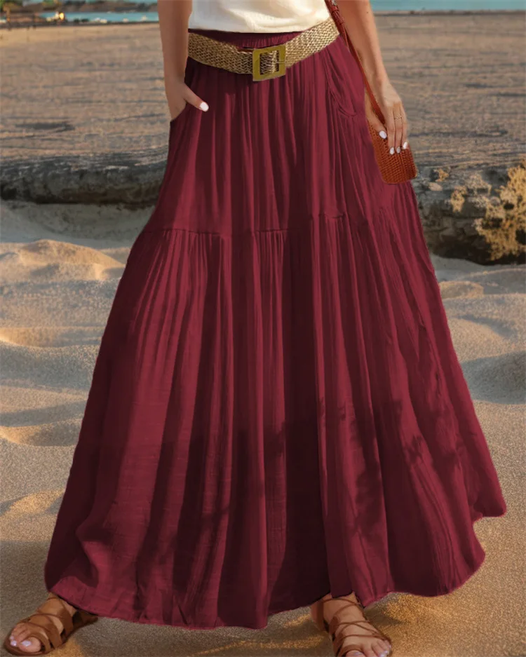 2026 Belted Hem A-line Solid Color Elastic Waist Skirt Women's Summer New Beach Vacation Commuting Camping All-match Long Skirt