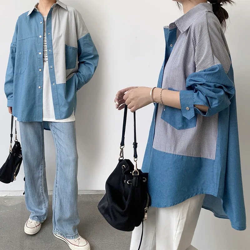 

2023 Spring Autumn Fashion New Women's Medium And Long Denim Patchwork Stripe Design Long Sleeve Loose Shirt Coat H167