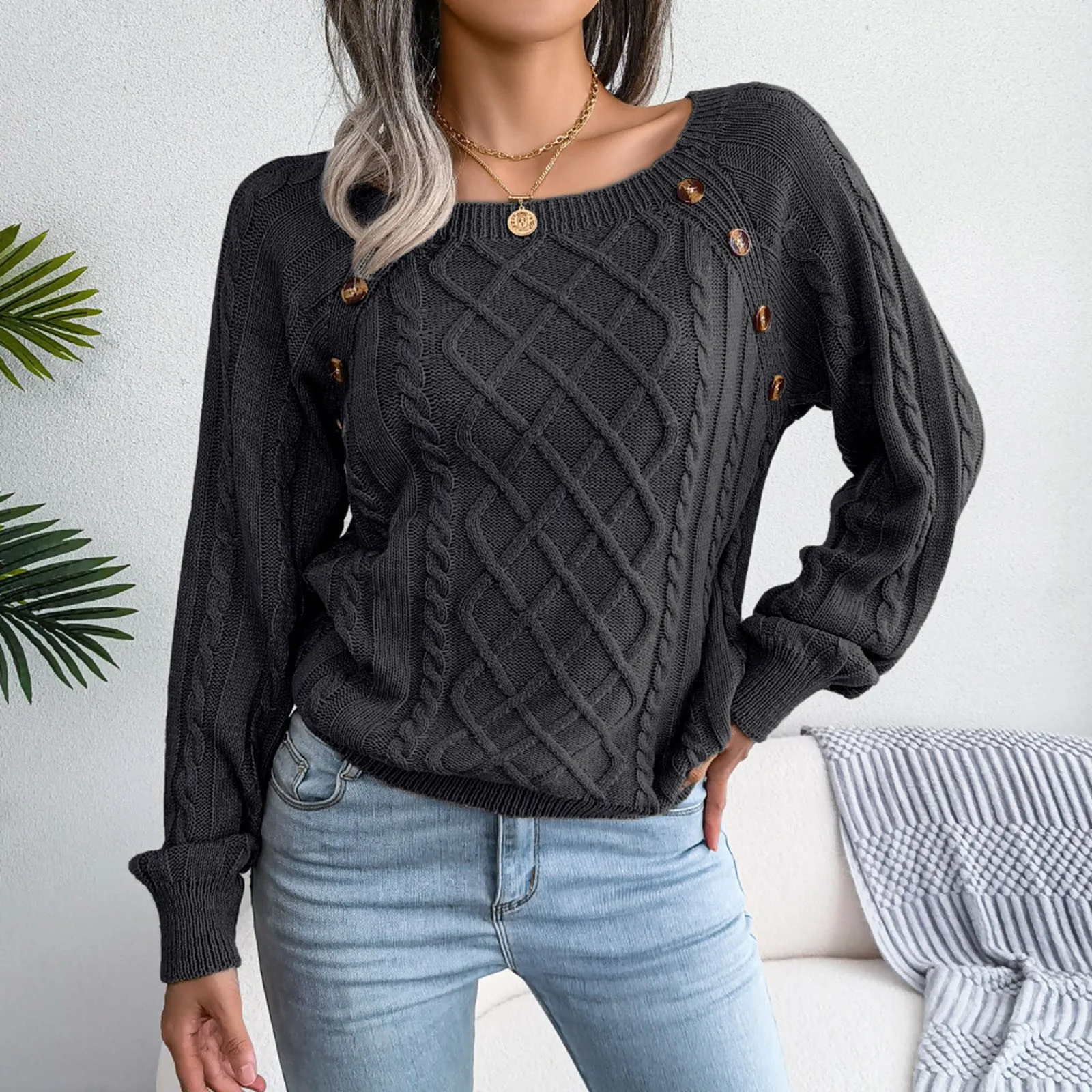 

2023 Winter Knitted Sweater Tops Women Solid Casual Square Neck Button Twist Pullover Loose Long Sleeve Sweaters For Women