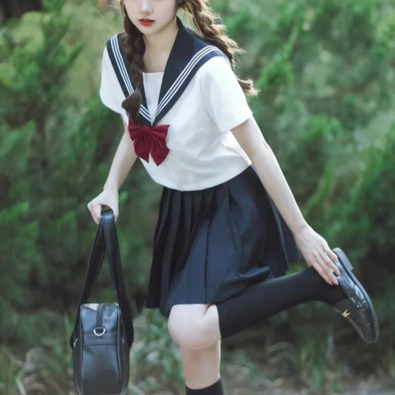 

Japanese Style XS-2XL School Girls School Uniform Navy Clothing Women Sexy Navy Jk Basic Suit Sailor Blouse Pleated Skirt