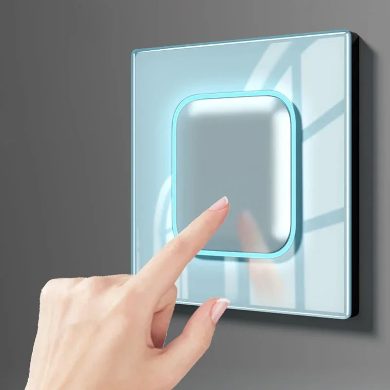 Interruptor de Painel de Vidro Temperado Botão de Luz Azul Led Reconjunto Automático Luz Indicadora tv Tel Tomada de Parede Gang Way