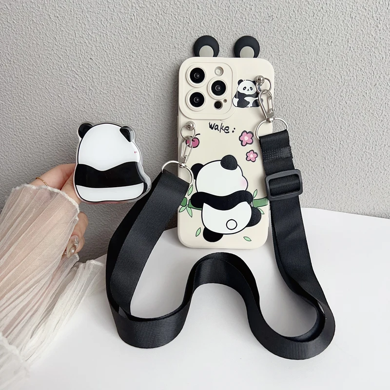 Universal Phone Case with Holder Rope and Ear Panda Design
