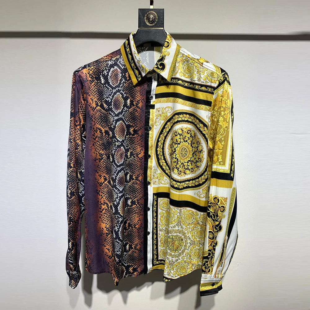 

2022 new men's shirt long sleeve baroque style snakeskin digital printing contrast color spring and autumn European casual top