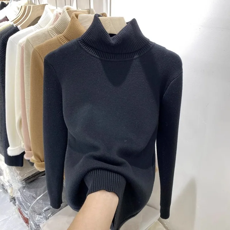 Solid Color Turtleneck Sweater Autumn and Winter New Integrated Fleece Warm Women's Bottoming Shirt Casual Slim Knitwear Top