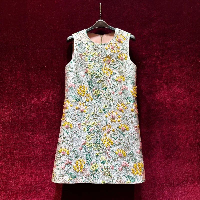 

European and American women's clothing 2023 autumn new Sleeveless heavy nail bead jacquard printing Fashion dress