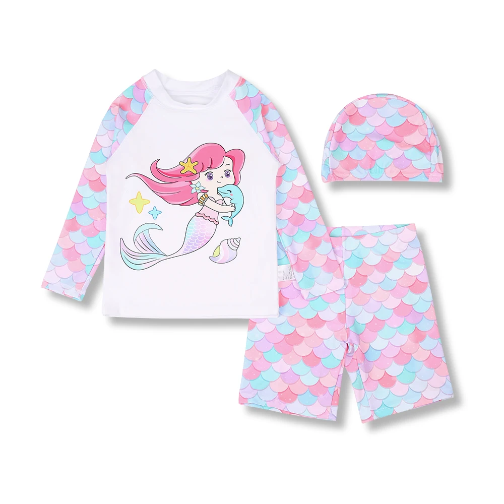 3 Pcs New Girls Swimsuit Sun Protection UPF 50+ Long Sleeves Swimming Trunks Sunsuit With Hat Split Bathing Suits Children girls swimwear