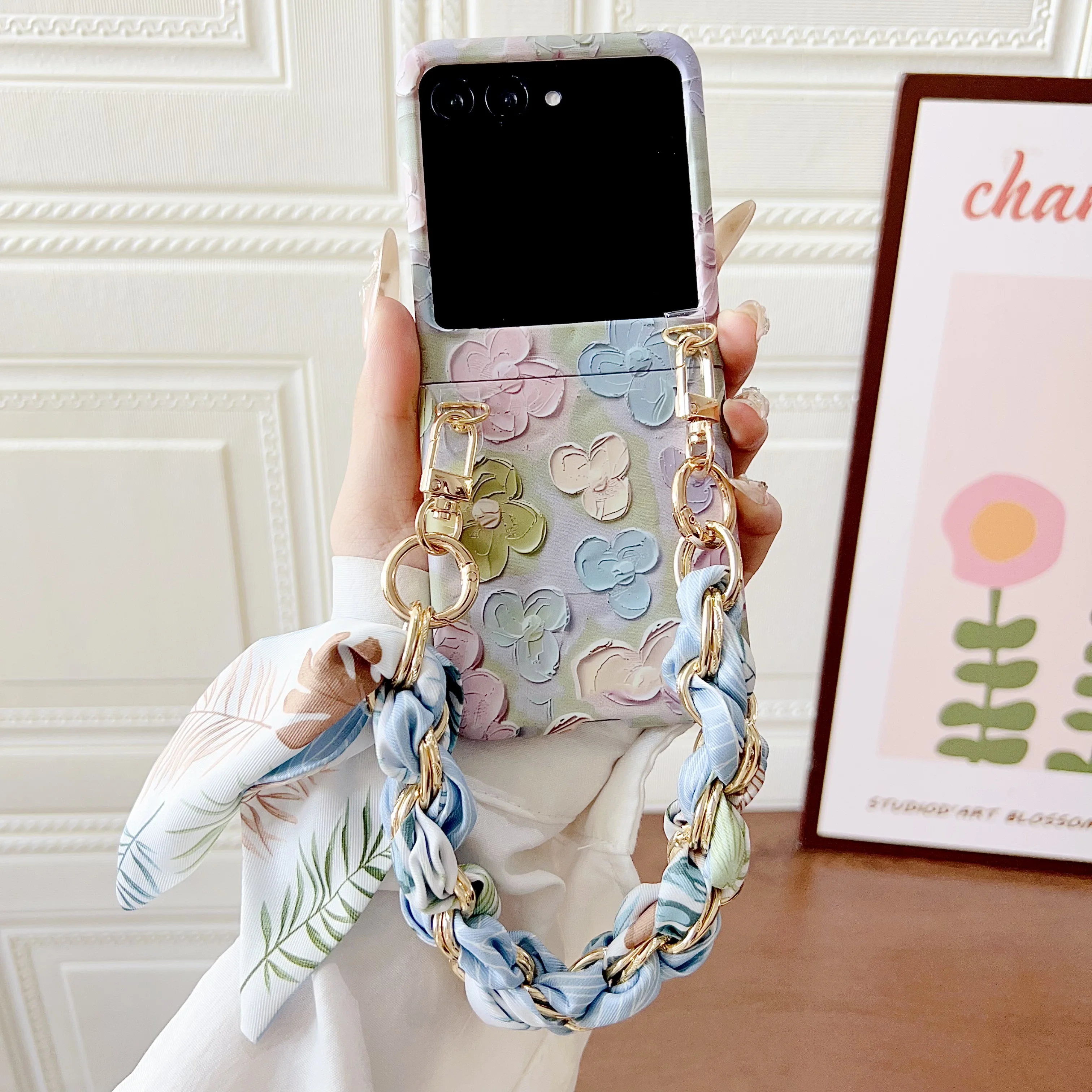 Floral Embossed Shockproof Hard Cover with Wrist Strap