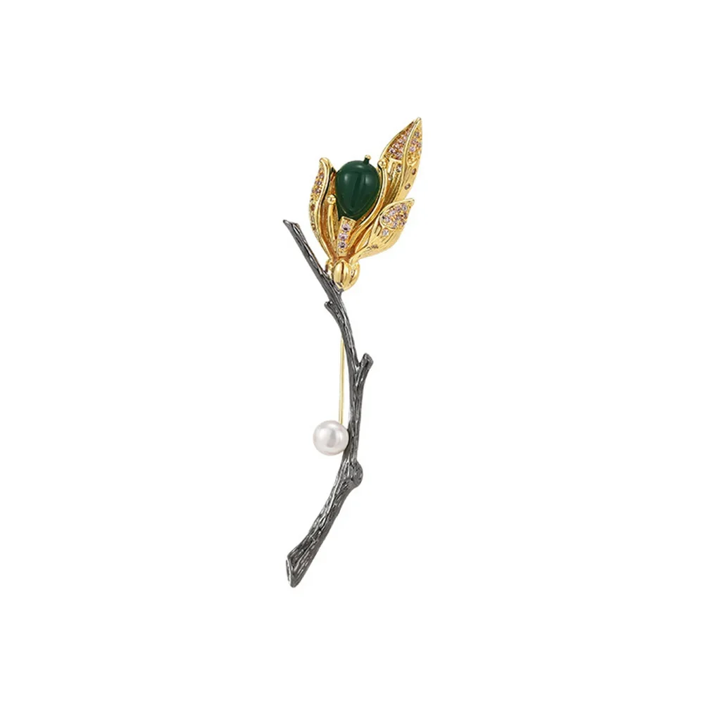 Enamel Orchid Brooch for Women Green Crystal Pearl Magnolia Flower Female Clothes Badge Pin Corsage Jewelry Mother's Day Gifts