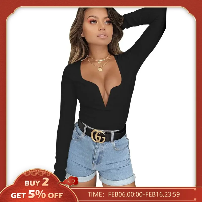 Body Sexy de manga larga con cuello en V para mujer, Tops sin mangas ajustados para fiesta, moda femenina 2023