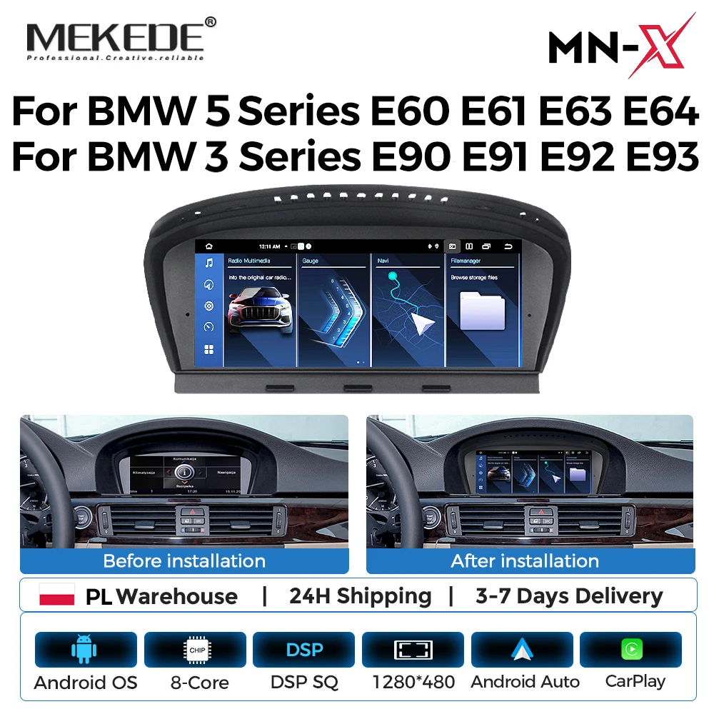 MEKEDE Radio Multimedia para Auto con Pantalla Inteligente de 8.8 Pulgadas, Android 15, 8 Núcleos, 4+64GB, Carplay Inalámbrico para BMW Serie 5 E60 E61 E63 E64, Serie 3 E90 E91 E92 E93, Android Auto Inalámbrico BT, DSP, 4G LTE, WIFI, Reproductor Multimedia para Auto con SWC, Idrive, Mapas de la UE, Pantalla de Navegación GPS, Sistemas Inteligentes. 1