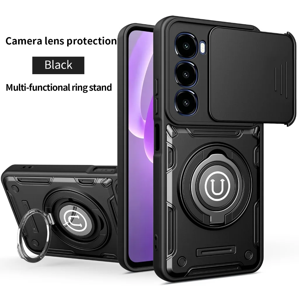 Magnetic 360° Ring Kickstand Phone Case with Slide Camera Lens Cover - Shockproof Design