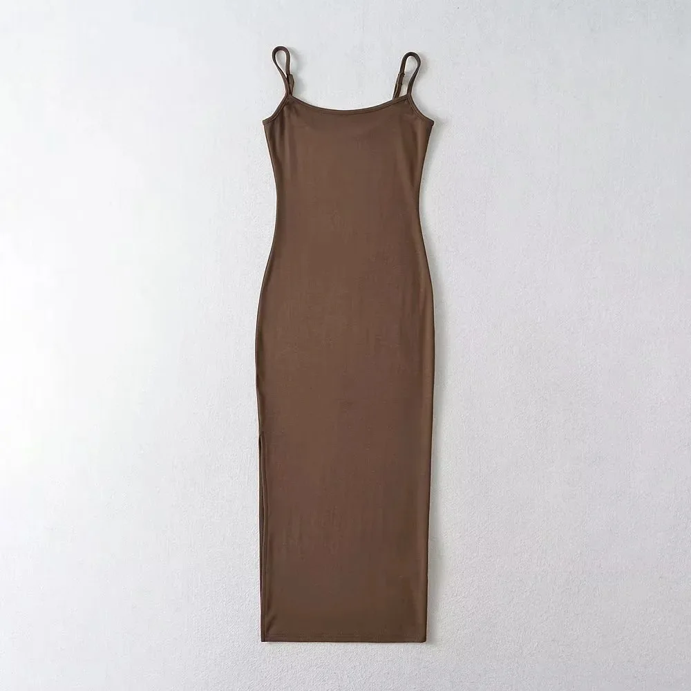 Women Casual Solid Cami Strap Cotton Bodycon Side Slit Sleeveless Midi Dress