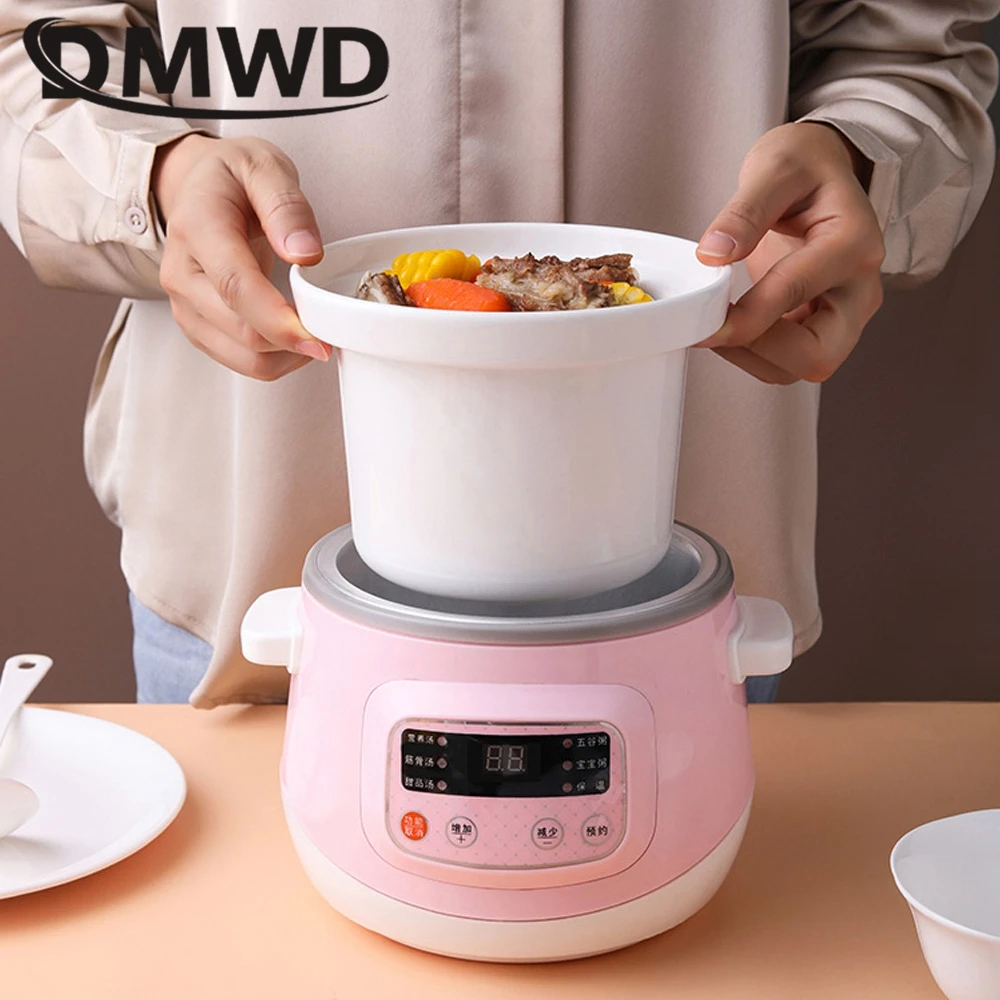 DMWD Household Electric Slow Cooker 1L Stew Pot Porridge Soup Pot Casserole Ceramic Liner 24H Appointment 6 Function 220V 3