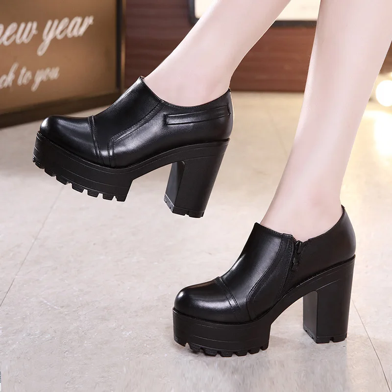 2023 Round Toe Genuine Leather Women's Shoes Women Fashion High Heels Autumn Winter Ankle Boots Black Office Shoe Plus Size32-43