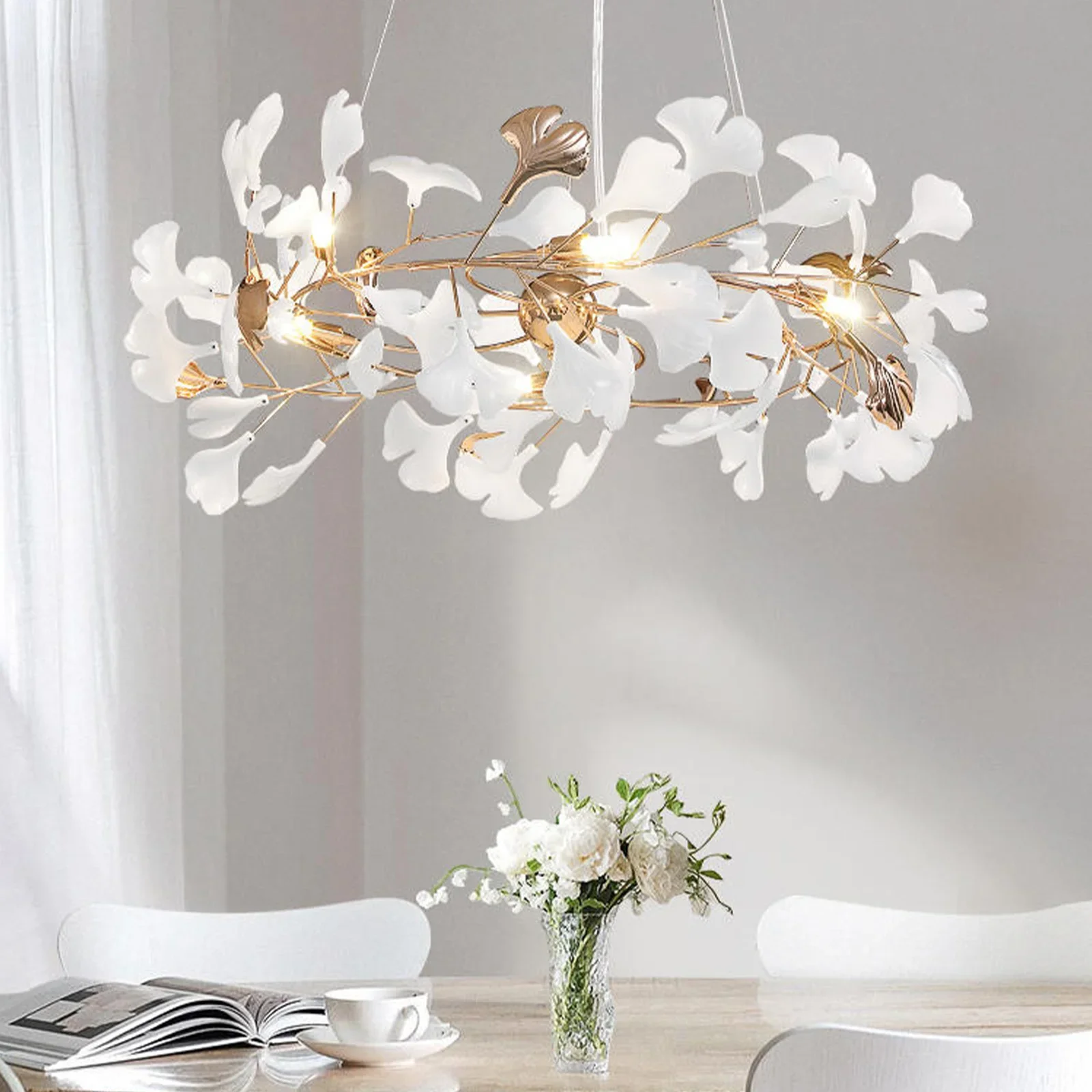 

New Modern Pendant Lights Ginkgo Leaf Living Room Lamp Round Brass Ceramic Leaf Chandeliers