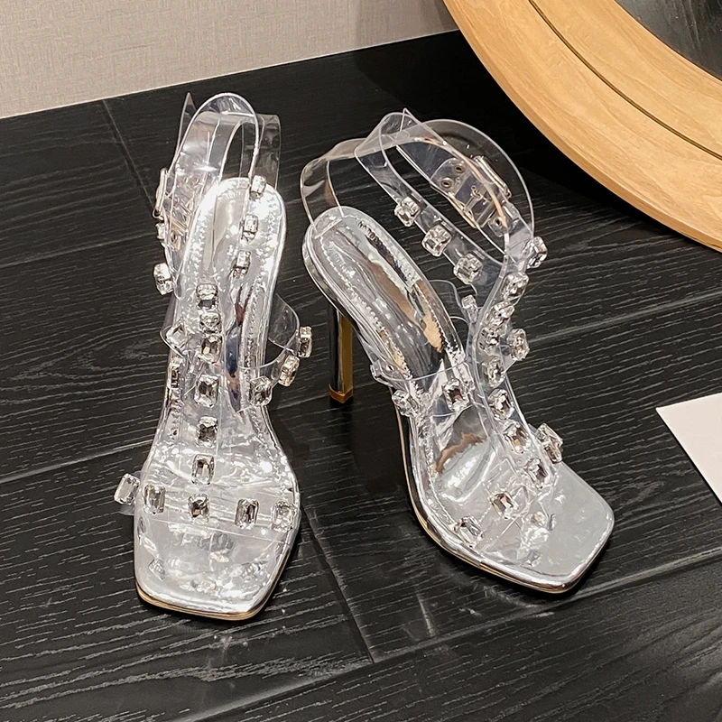 Kcenid Sexy Square Toe Buckle Strap Sandals Crystal PVC Transparent Summer Women Sandals High Heels Elegant Party Prom Shoes