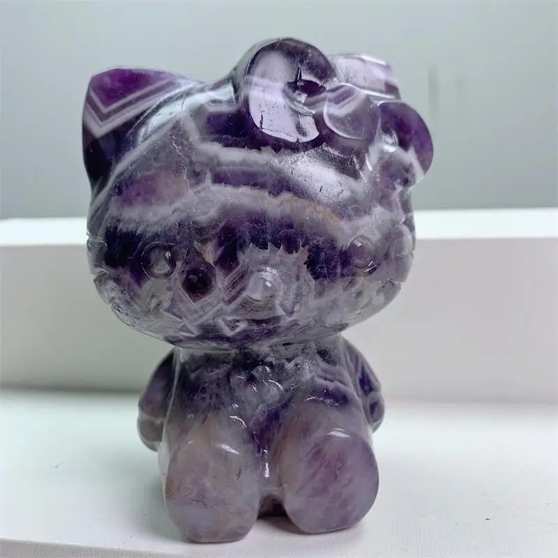 

10cm Natural Dream Amethyst Crystal KT Cat Statue Carving Cartoon Animal Healing Crystal Holiday Crafts Gift 1pcs