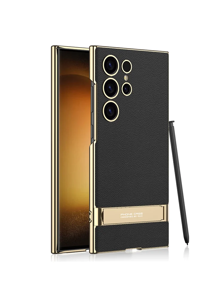 Luxury Stand Plain Leather Case with Electroplated Quality and Camera Protection