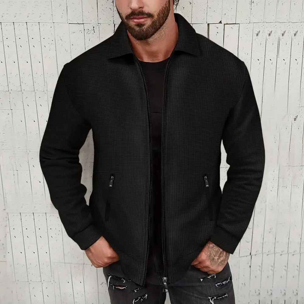 

Autumn Men Jacket Men's Slim Fit Waffle Texture Jacket with Zipper Pockets Turn-down Collar Soft Breathable Mid Length for Long