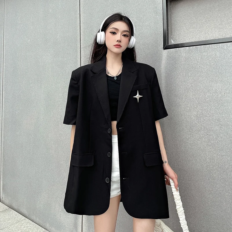 Leisure Single Breasted Loose Jacket Short Sleeves Women New Punk Gothic Fashion Balck Cardigan Summer Office Ladies Pocket Coat