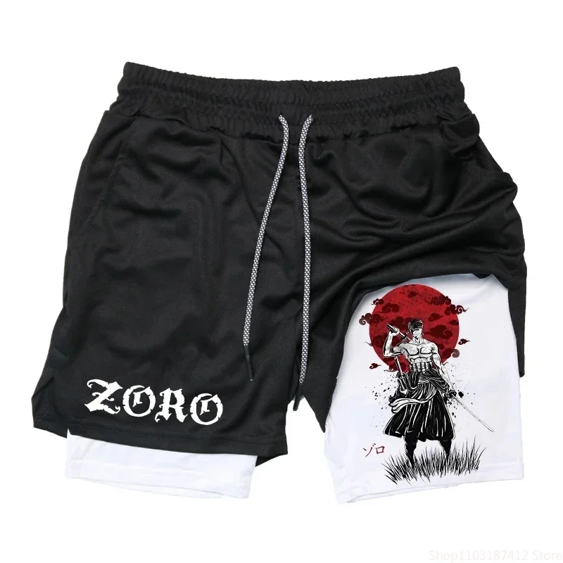 Anime Print Two-in-one Men's Elastic Double-layer Shorts Summer Quick-drying Running Fitness Compression Sports Shorts M-3XL 2
