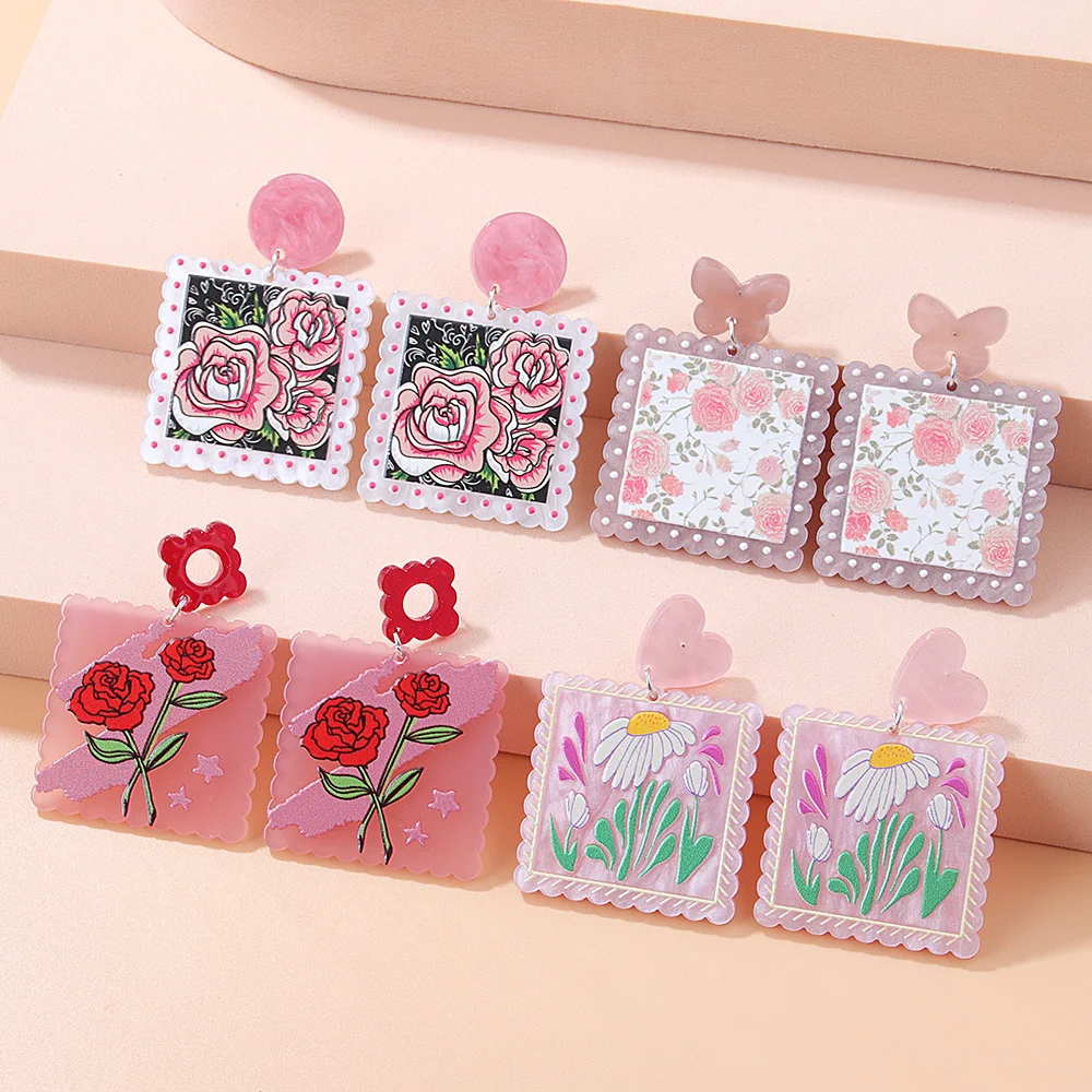 

Geometric Beauty Flowers Print Acrylic Dangle Earrings for Women 2022 New Animal Party Birthday Christmas Gifts Jewelry
