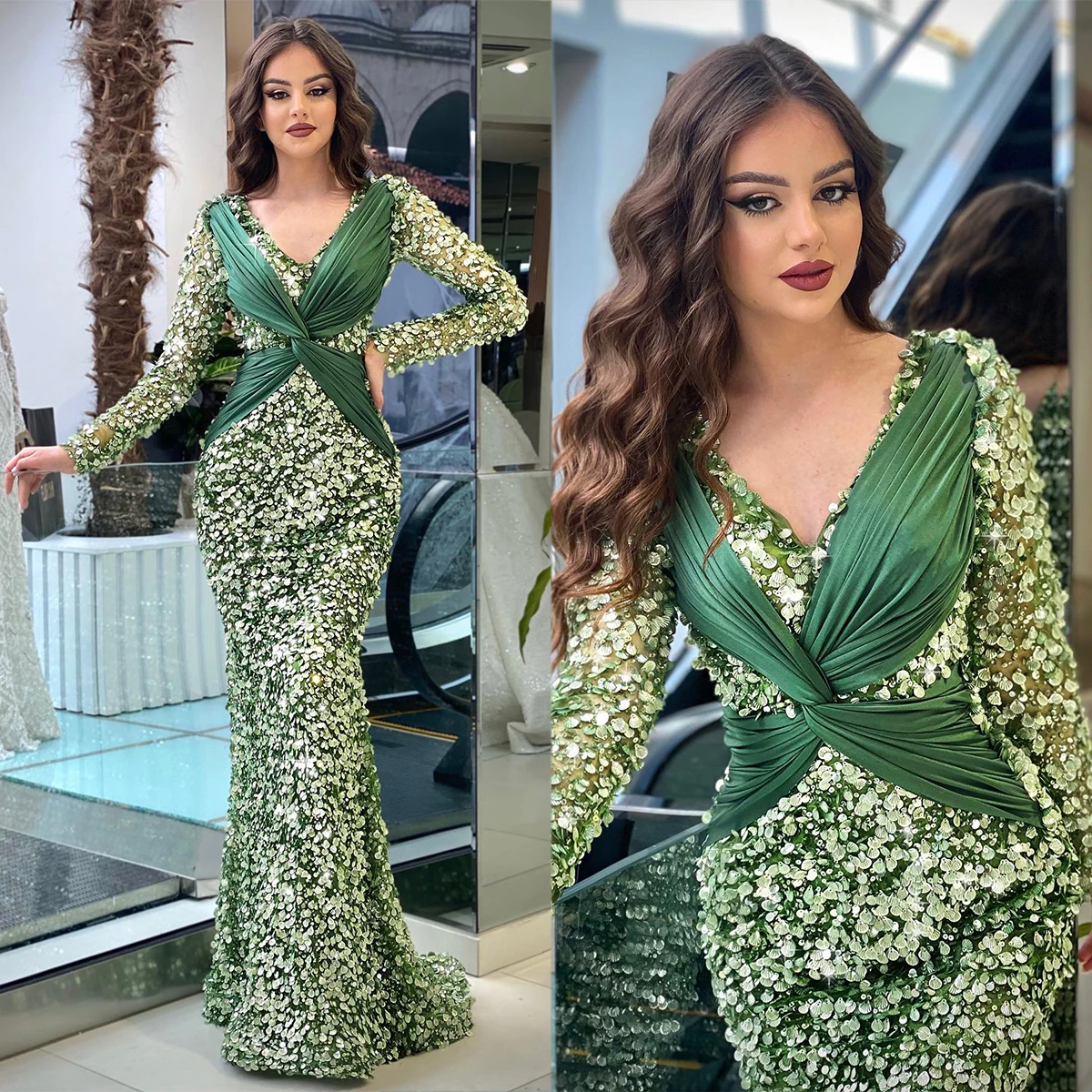 

Блестящие вечерние платья-русалки с длинным рукавом, V-образным вырезом, блестками, аппликациями, шнуровкой и бусинами, атласные платья для выпускного вечера, индивидуальный пошив