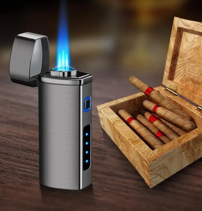 

Electronic Ignition Lighter Gift Box Packaging Customized Logo Lighter Three Straight Torch Lighter for Cigar