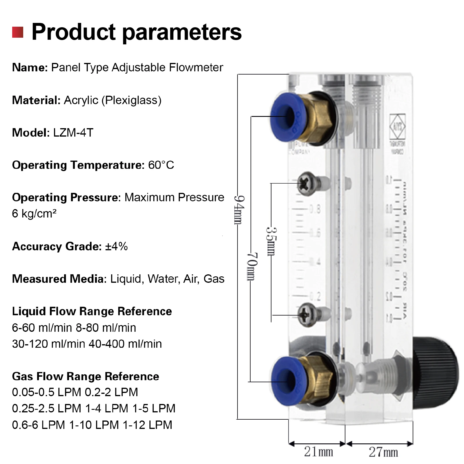 LZM-4T Acrylic Flow Meter Adjustable Gas Rotameter Panel Mount Design with Control Valve for Precision Air Flow Regulation
