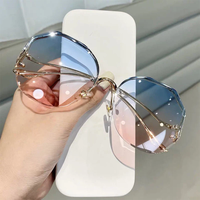 2022 Fashion Tea Gradient Sunglasses Women Ocean Water Cut Trimmed Lens  Metal Curved Temples Sun Glasses Female UV400