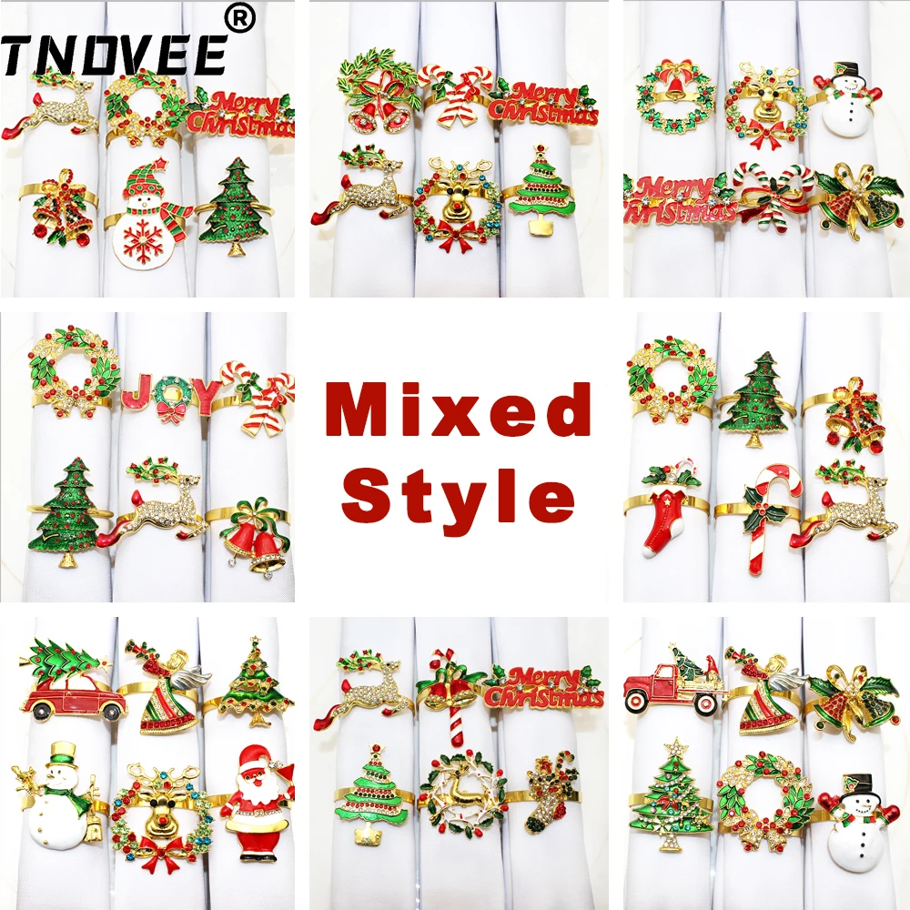 Christmas Napkin Holder Napkin Ring 6Pcs Mixed Gold Christmas Napkin Rings Set Wreath Angel Elk Bell Snowman Xmas Tree Napkin Holder for Wedding Party Table Decor