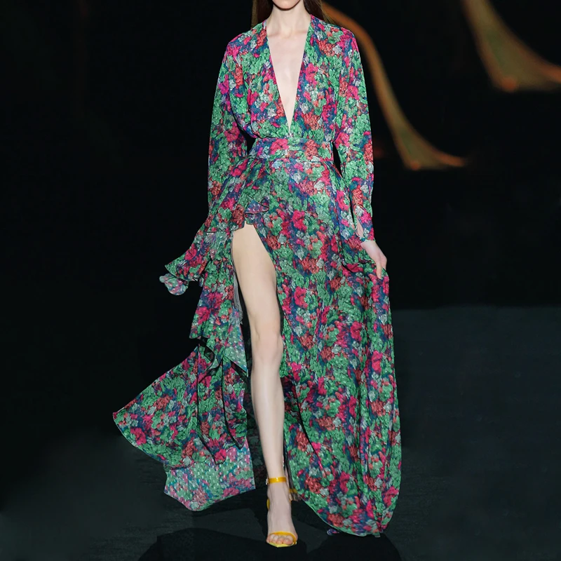 

Runway Designers Vintage V-neck Floral Printed Irregular Long Dresses for Women 2022 Spring Autumn Elegant Ruffles Maxi Dress
