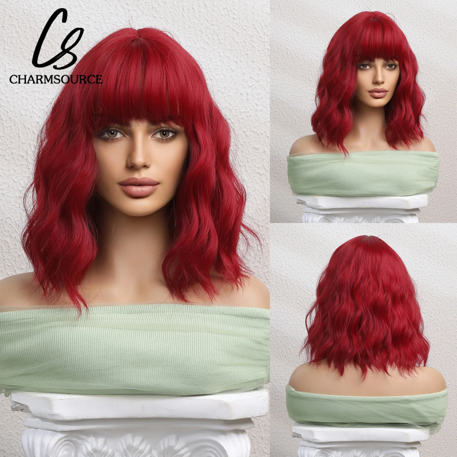 

CharmSource Wine Red Curly Bob Wig with Neat Bangs Wavy Bobo Synthetic Wigs for Women Cosplay Daily Party High Temperature Fiber