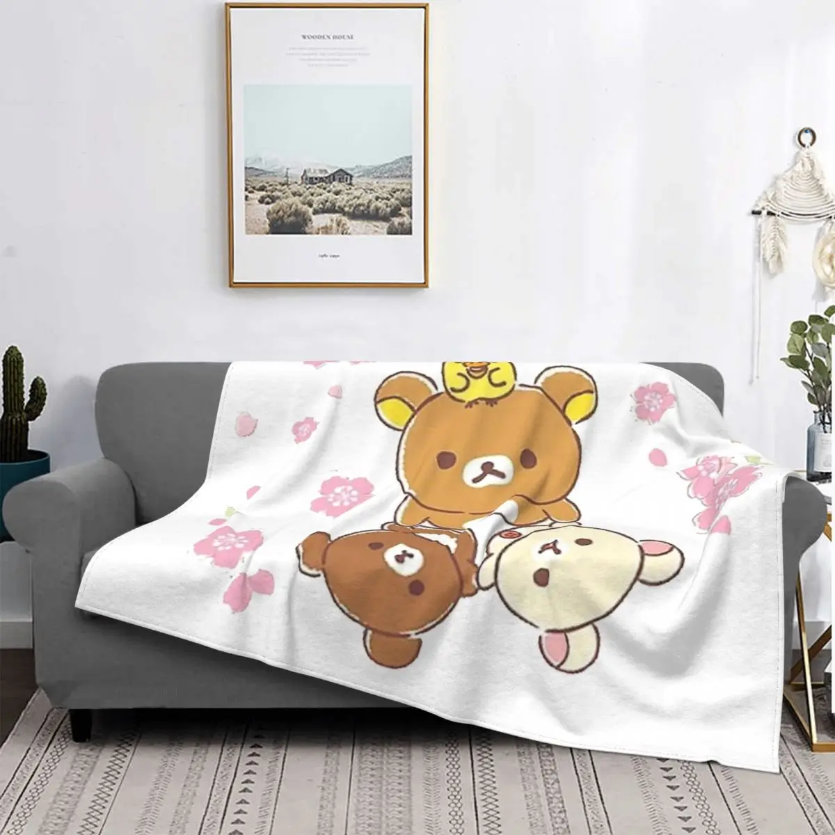 

Rilakkuma Sakura Blanket Velvet Cute Brown Bear Lightweight Thin Throw Blankets for Home Couch Bed Rug