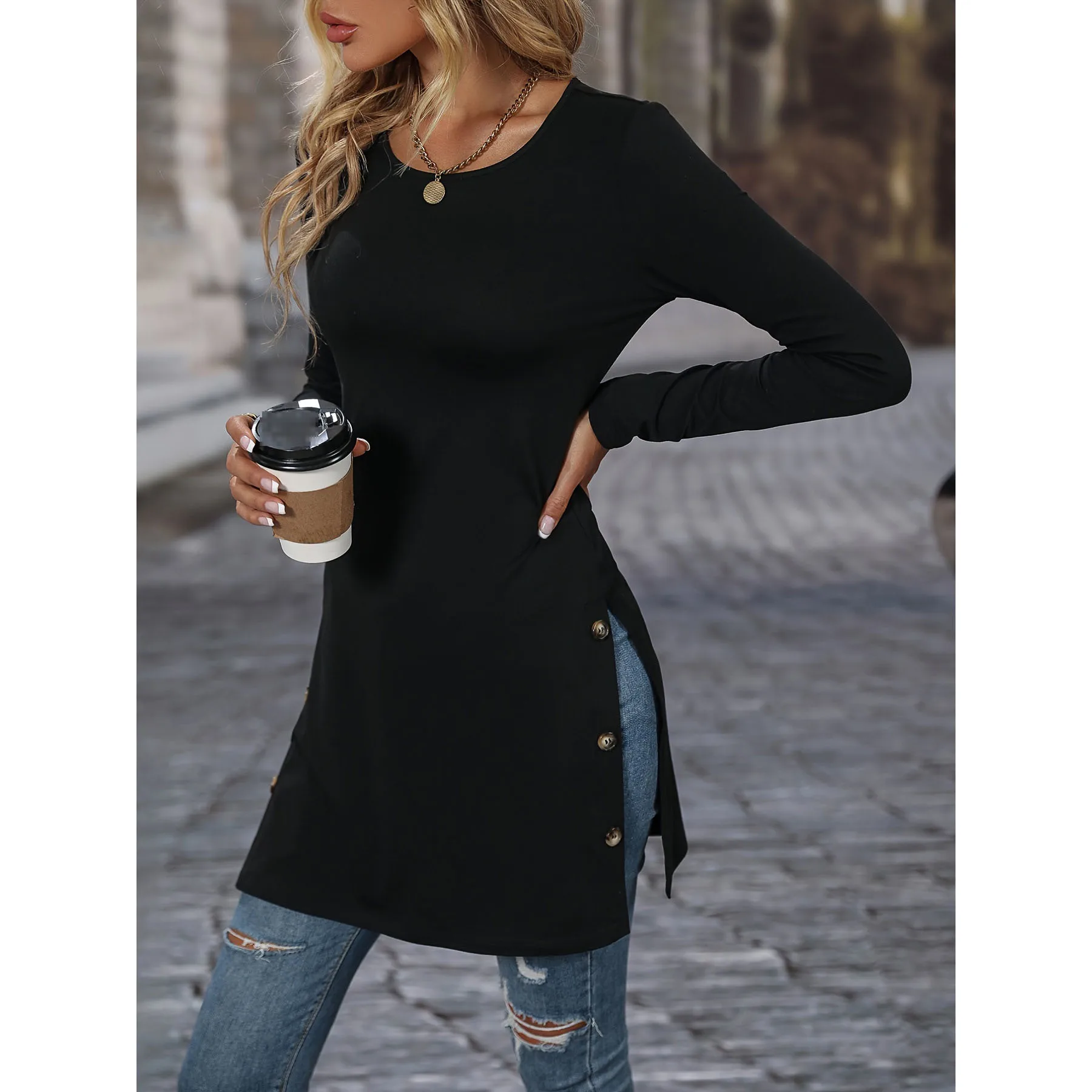 

Dress for Women 2023 Autumn and Winter Fashion New Long Sleeve Slim Split Button Solid Color Casual Skirt