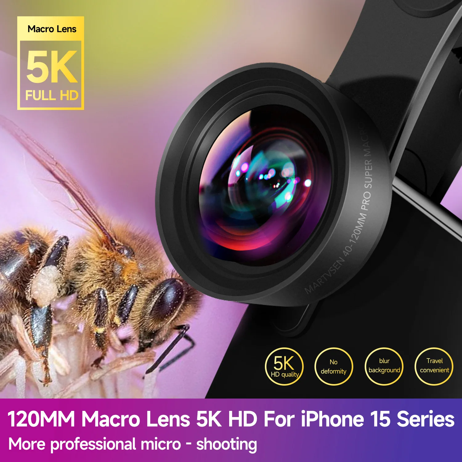 Objectif Macro MARTVSEN 120MM, objectif Photo professionnel 5K HD 10x Super Macro à Clip universel pour iPhone Samsung android