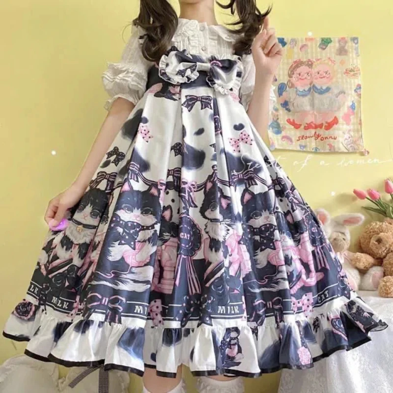 

Japanese Lolita Summer 2024 New Patchwork Bow Printing Ruffles Floral Fashion Elegant Sleeveless Straps Princess Party Dresses