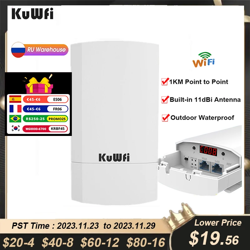KuWFi 300Mbps Point D'Accès Extérieur WiFi Pont CPE - Transmission 1km PTP PTMP