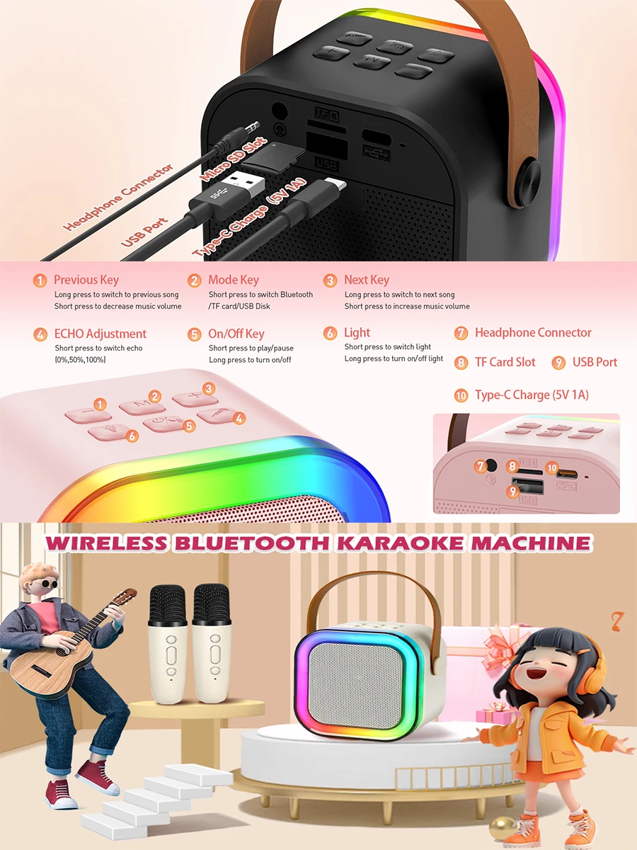 12 Pink Mini Machine, The Best Christmas Birthday Gift, Bluetooth Speaker With Wireless Microphone Player, Multiple_voghion.com