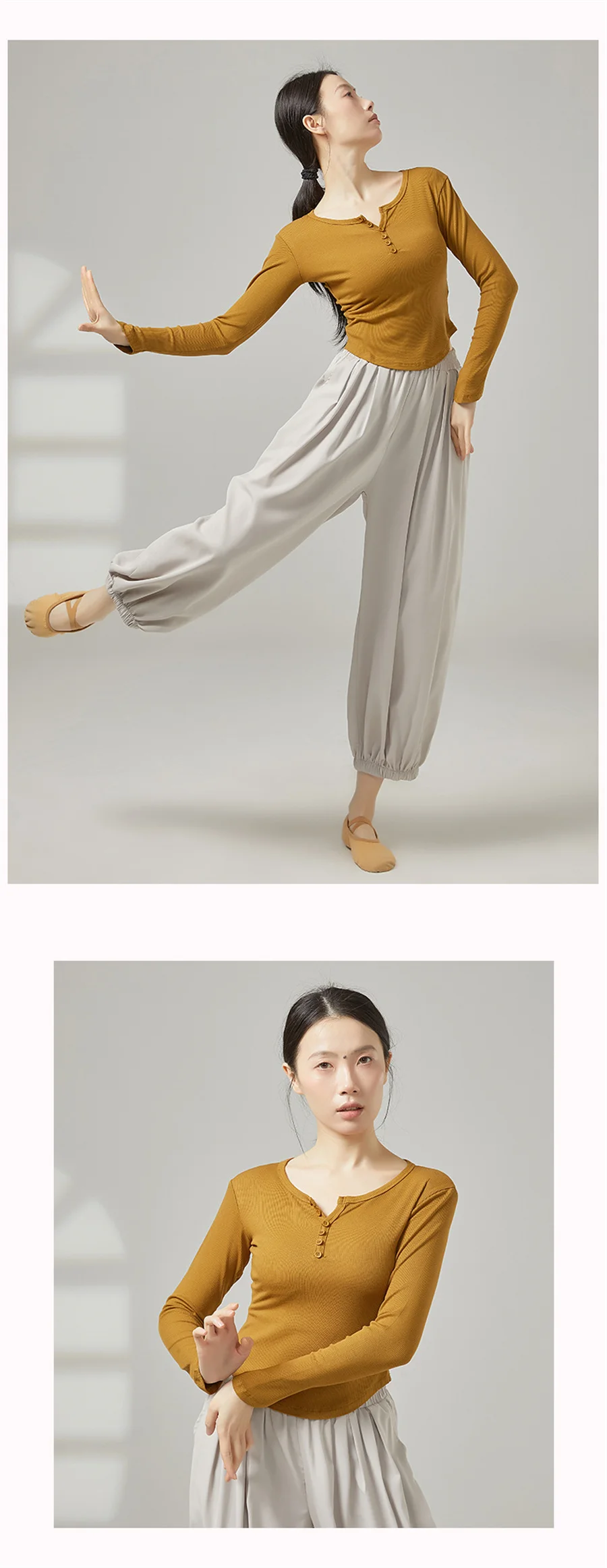 Modernes Damen-Tanzoberteil aus Viskose, gerippter Strick, hohe Dehnbarkeit, atmungsaktiv, V-Ausschnitt, schmale Passform, Ballett-Tanzoberteil, Yoga-Shirt, Bühnenauftritt – Detail 4